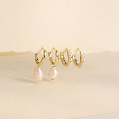 2-Pair Set Vintage Pearl Dangle Hoop Earrings – 18K Gold Plated Stainless Steel Hoops for Women