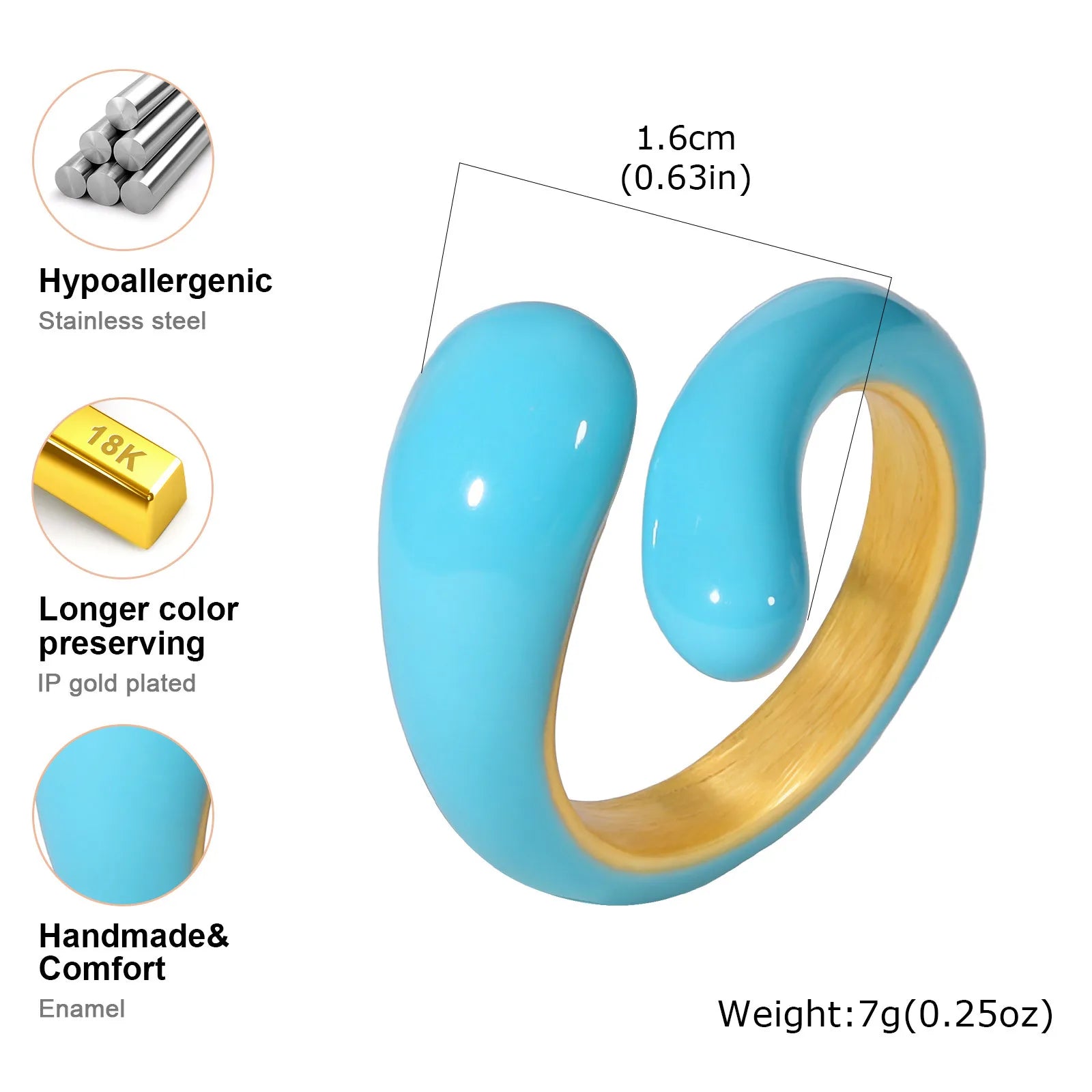 Chunky Enamel Twist Ring for Women – Gold Plated Stainless Steel Open Crossover Statement Ring, Waterproof Stackable Band (Blue/Green/Pink)