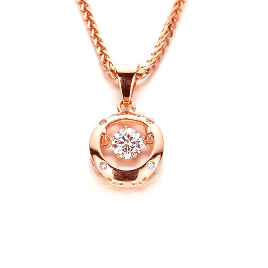14K Rose Gold Round Crystal Pendant Necklace – Classic Zircon Clavicle Chain for Women