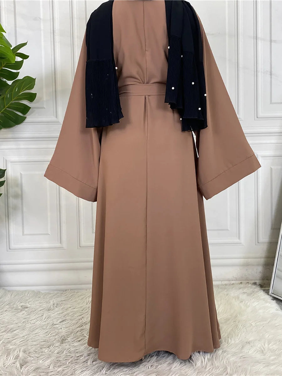 Elegant Modest Maxi Dress with Waist Tie – Long Sleeve Woven Abaya Style Dress for Women (All Season)
