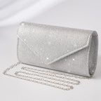 Elariah Shimmer Envelope Clutch Bag – Silver Glitter Evening Handbag with Chain Strap for Weddings & Party Wear