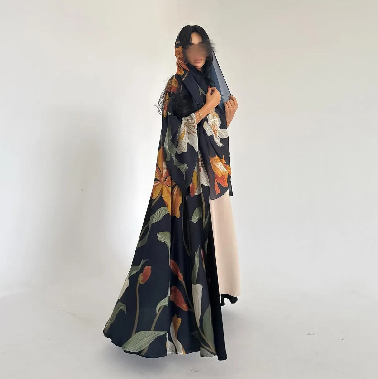 Elariah Women's Floral Print Open Front Abaya with Matching Hijab Scarf – Modest Maxi Cardigan Kaftan, Black Polyester