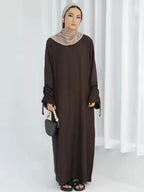 Modest Maxi Abaya Dress for Women – Loose Fit Long Sleeve Lace-Up Cuff Islamic Prayer Kaftan (Autumn/Winter)