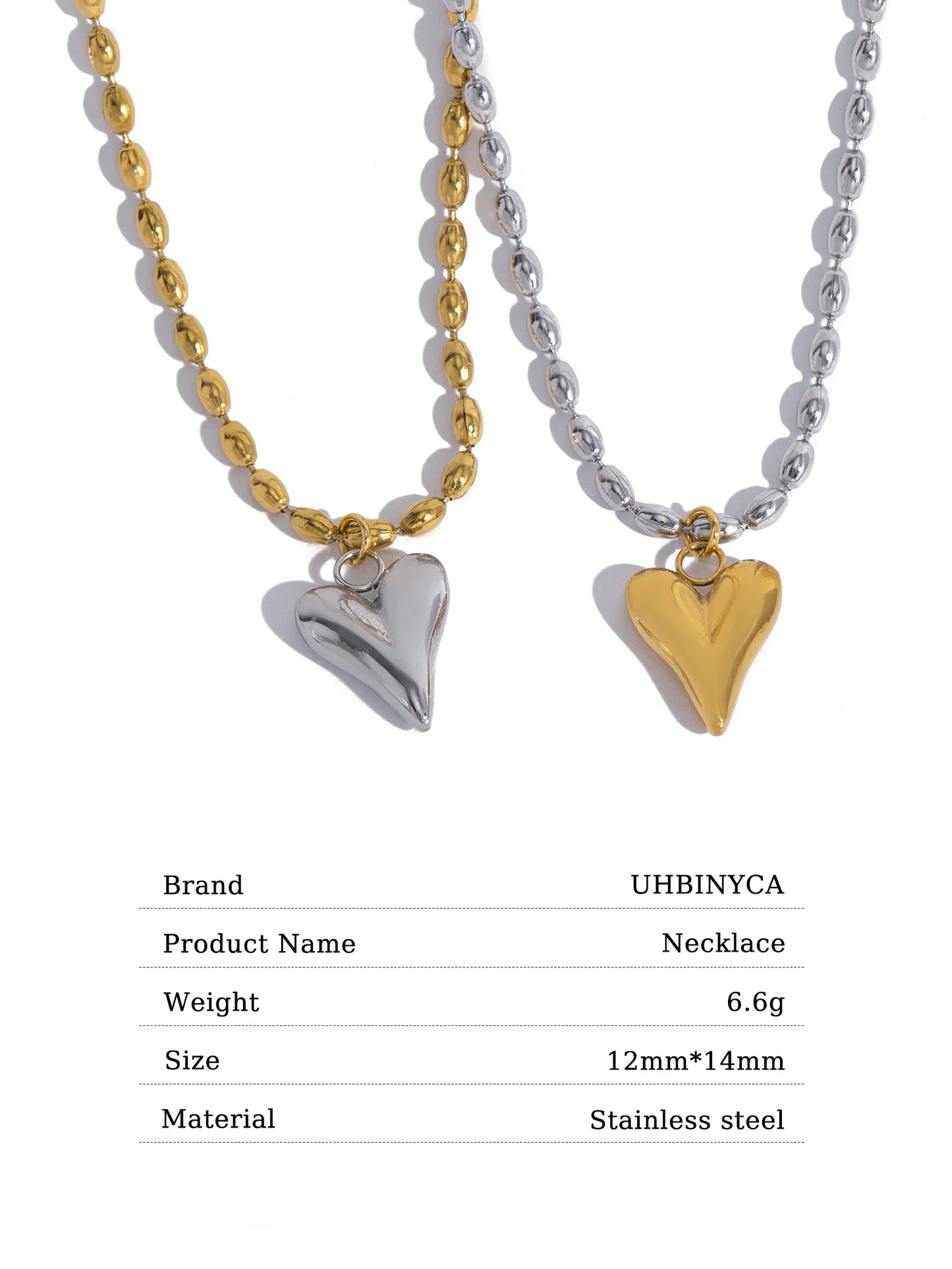 18K Gold Plated Heart Pendant Necklace – Stainless Steel Bead Chain, Dainty Romantic Jewelry for Women