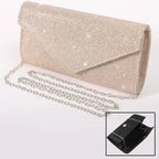 Elariah Shimmer Envelope Clutch Bag – Silver Glitter Evening Handbag with Chain Strap for Weddings & Party Wear
