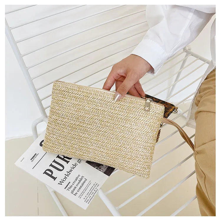 Elariah Woven Straw Wristlet Clutch Bag – Bohemian Summer Beach Handbag with Zipper (White, Khaki, Beige)