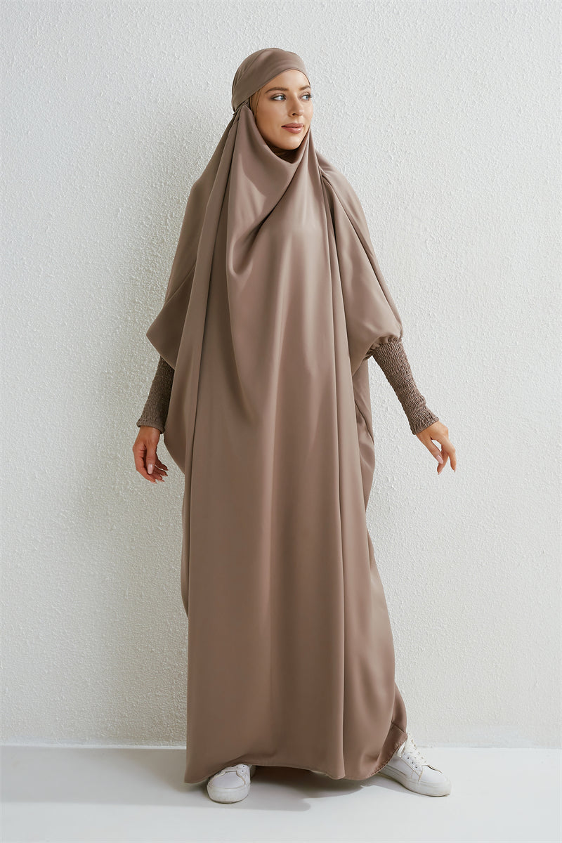 Elariah Hooded Modest Abaya Dress – Loose Fit One-Piece Jilbab with Smocked Sleeves (Black)