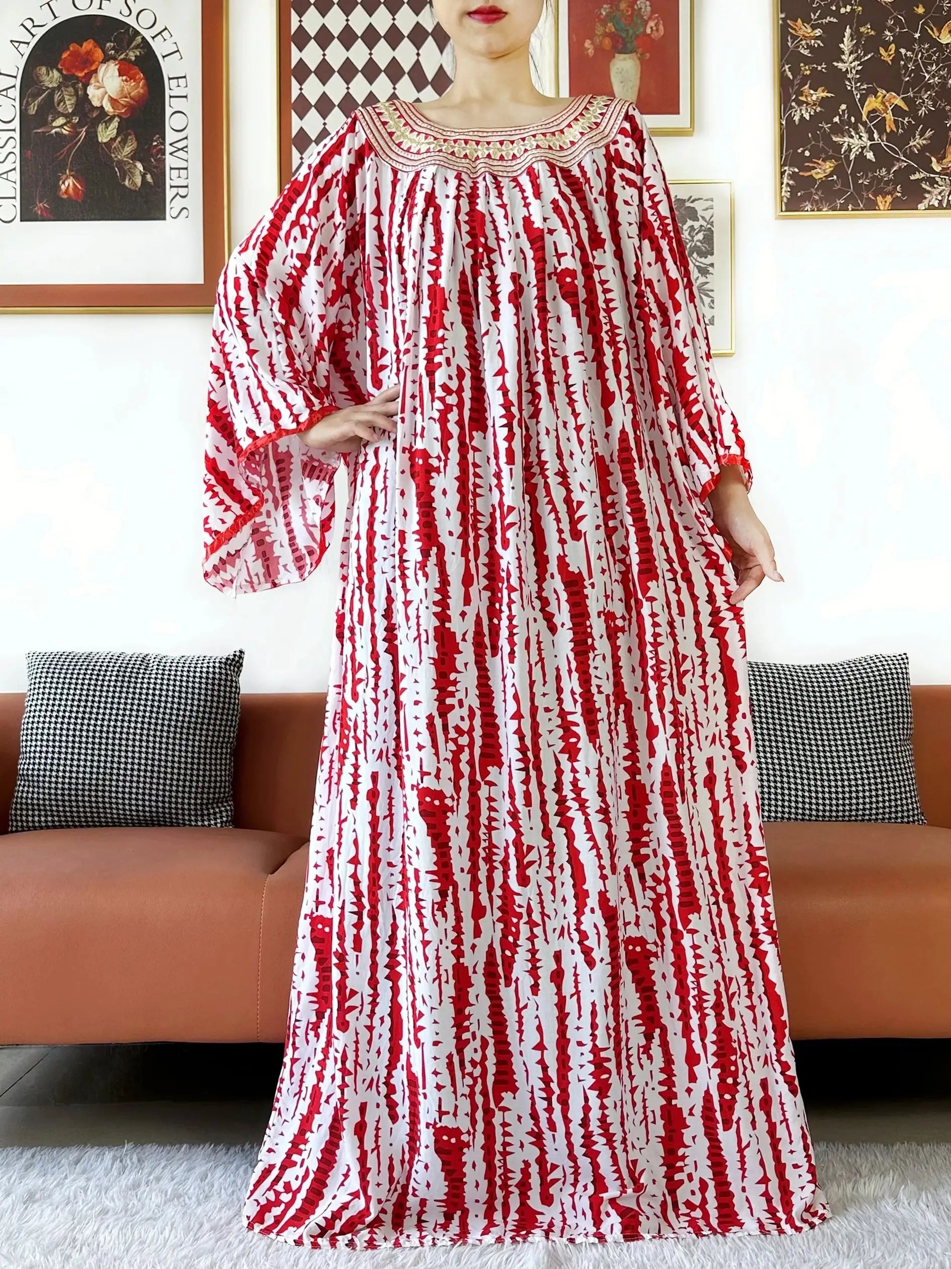 Embroidered Cotton Abaya Dress – Loose Boho Maxi Kaftan with Tassel Detail (One Size, 6 Colours)