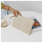 Elariah Woven Straw Wristlet Clutch Bag – Bohemian Summer Beach Handbag with Zipper (White, Khaki, Beige)