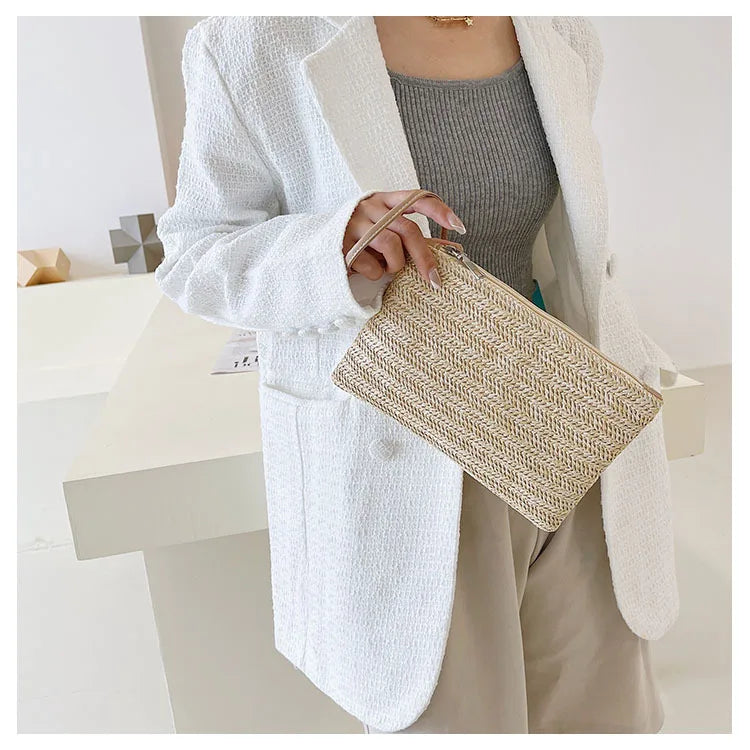 Elariah Woven Straw Wristlet Clutch Bag – Bohemian Summer Beach Handbag with Zipper (White, Khaki, Beige)