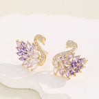 Swan Zircon Stud Earrings for Women – Gold Plated Copper Long Swan Earrings with Micro-Pavé Cubic Zirconia | Elegant Goddess Style Jewelry
