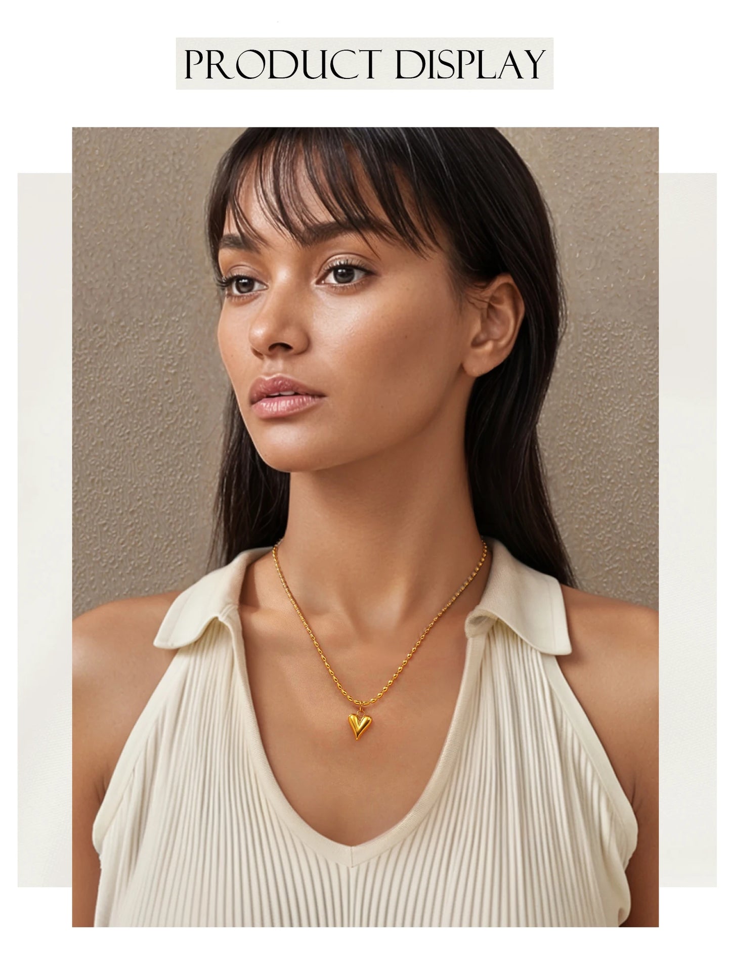 18K Gold Plated Heart Pendant Necklace – Stainless Steel Bead Chain, Dainty Romantic Jewelry for Women