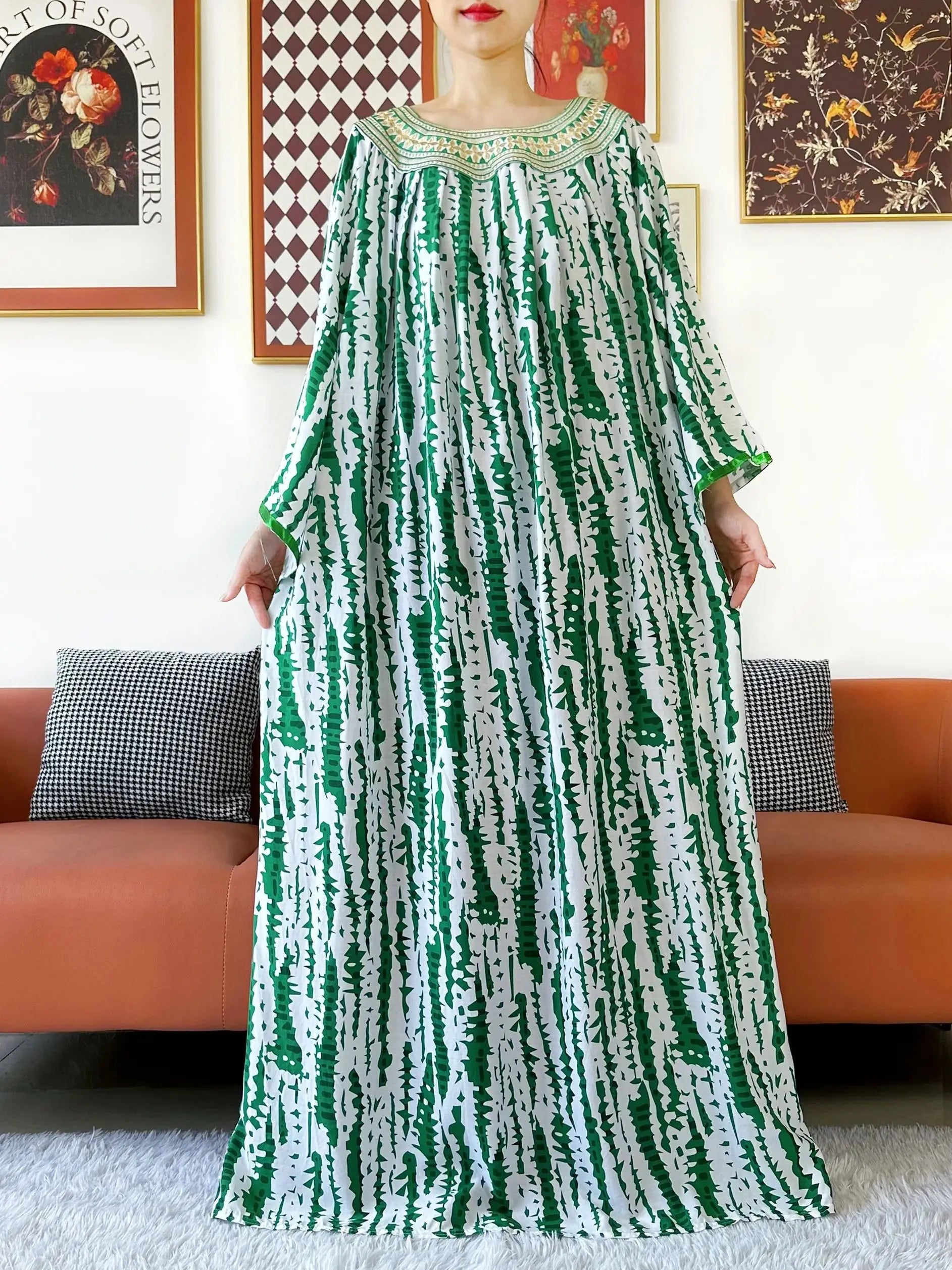 Embroidered Cotton Abaya Dress – Loose Boho Maxi Kaftan with Tassel Detail (One Size, 6 Colours)