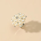 Bague géométrique vintage à double couche en perles blanches – Bague imposante pour femme