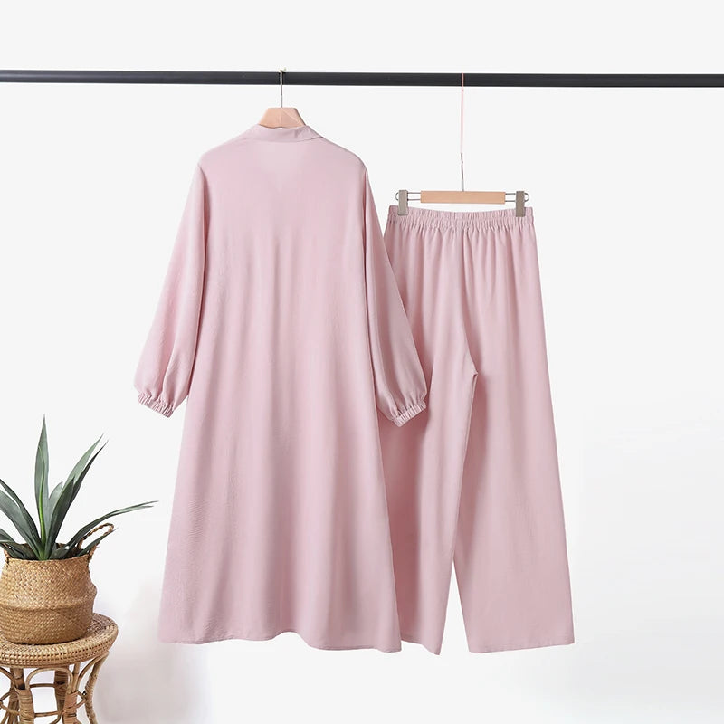 Elariah Modest Co-Ord Abaya Set – Long Sleeve Button Shirt & Wide-Leg Trousers | Casual Islamic Outfit for Women