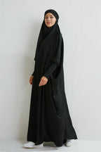 Elariah Hooded Modest Abaya Dress – Loose Fit One-Piece Jilbab with Smocked Sleeves (Black)