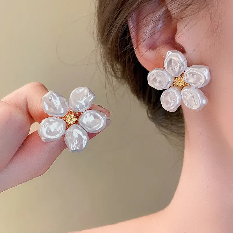 Trendy White & Brown Resin Flower Hoop Earrings – Statement Gardenia Design