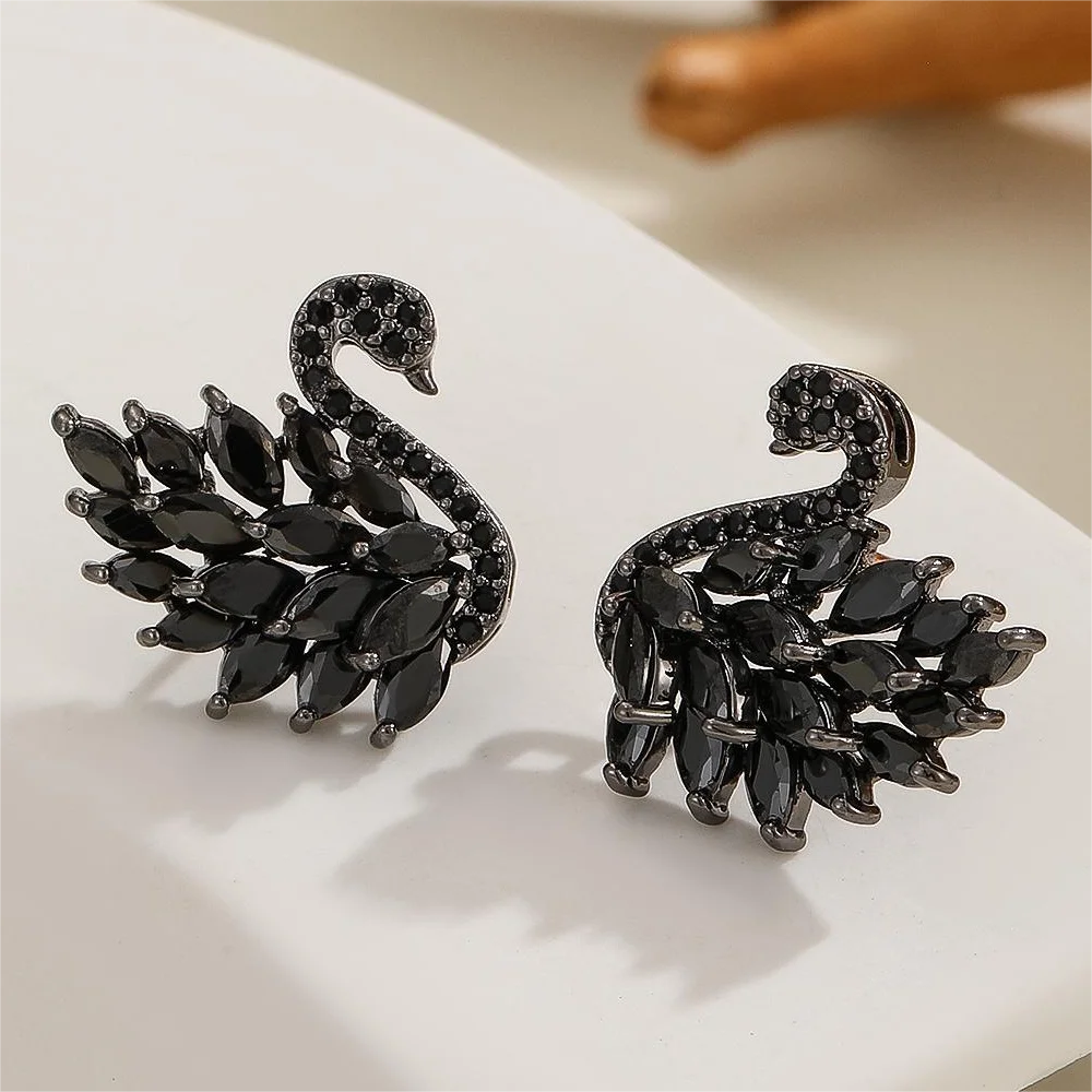 Swan Zircon Stud Earrings for Women – Gold Plated Copper Long Swan Earrings with Micro-Pavé Cubic Zirconia | Elegant Goddess Style Jewelry