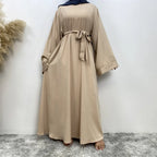 Elegant Modest Maxi Dress with Waist Tie – Long Sleeve Woven Abaya Style Dress for Women (All Season)