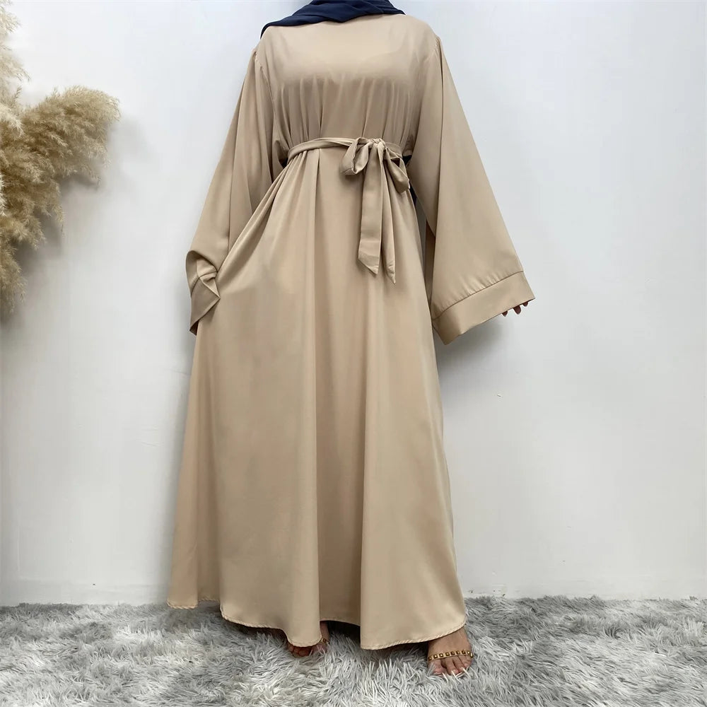 Elegant Modest Maxi Dress with Waist Tie – Long Sleeve Woven Abaya Style Dress for Women (All Season)