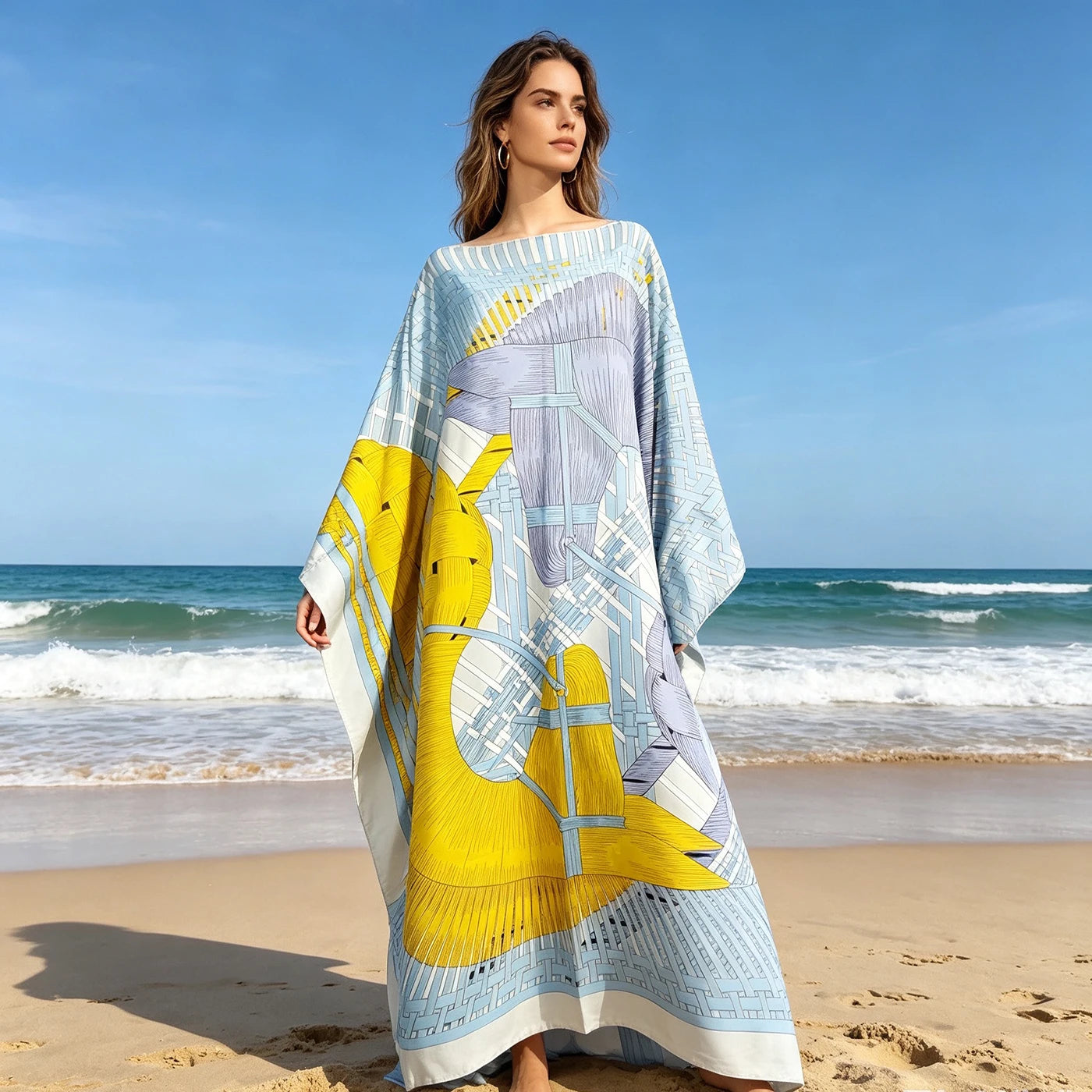 Robe caftan en sergé de soie imprimé africain Elariah pour femmes – Boubou surdimensionné Abaya Cache-maillot de plage | Taille unique grande taille