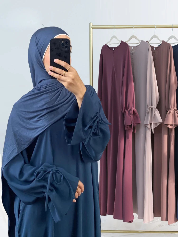 Elariah Women's Modest Maxi Kaftan Dress with Bow Detail & Pockets | Long Sleeve Islamic Abaya for Ramadan, Eid & Everyday Wear