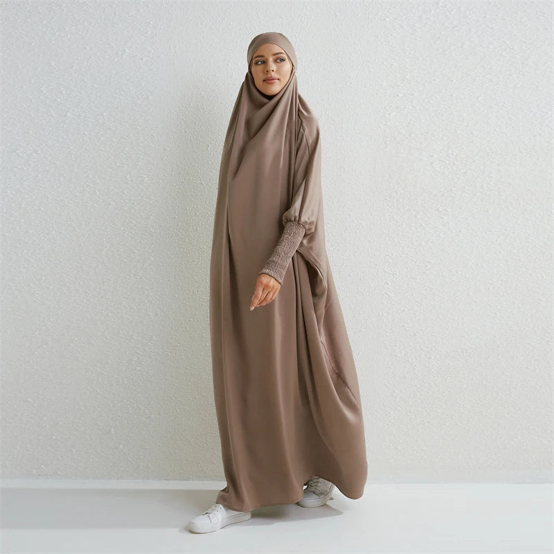 Elariah Hooded Modest Abaya Dress – Loose Fit One-Piece Jilbab with Smocked Sleeves (Black)