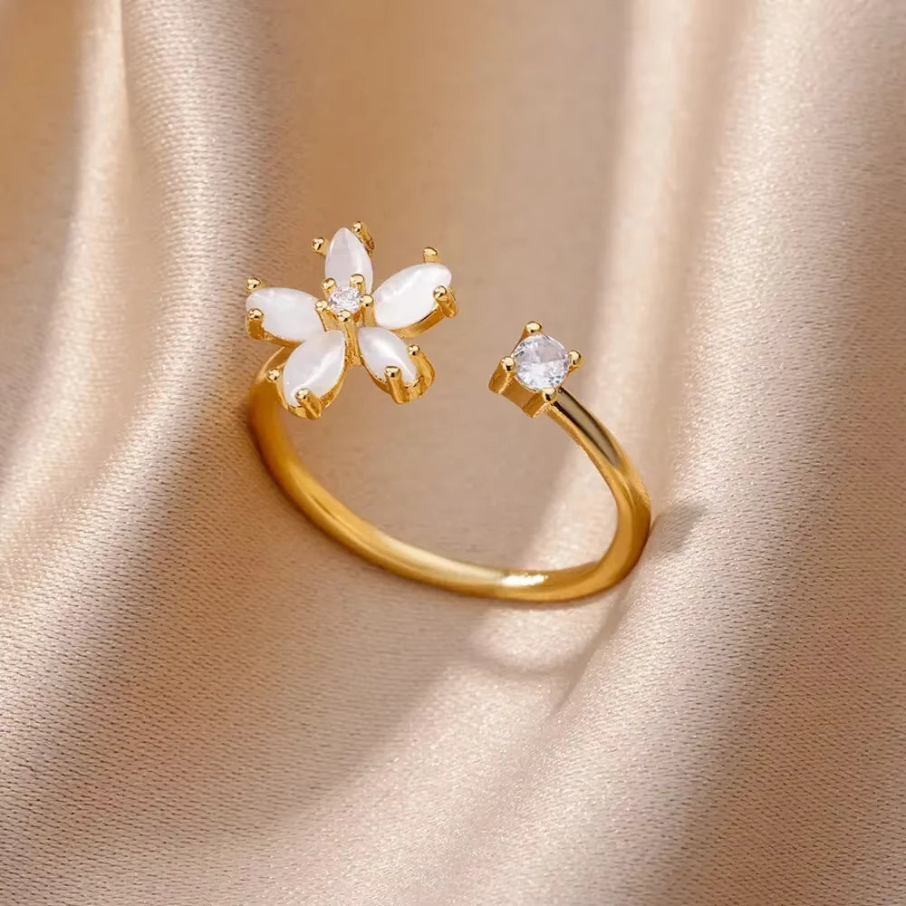 ELARIAH 18K Gold Plated Zircon Geometric Open Ring – Adjustable Stainless Steel Wedding & Party Band for Women