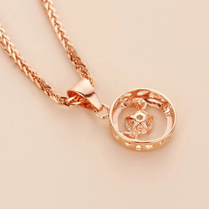 14K Rose Gold Round Crystal Pendant Necklace – Classic Zircon Clavicle Chain for Women