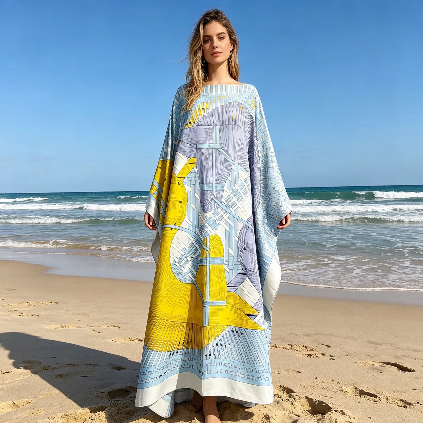 Robe caftan en sergé de soie imprimé africain Elariah pour femmes – Boubou surdimensionné Abaya Cache-maillot de plage | Taille unique grande taille