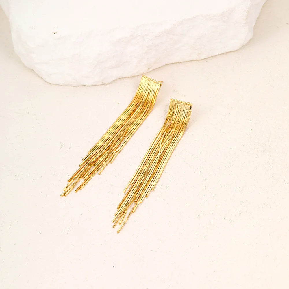 Gold Bling Tassel Statement Earrings – Elegant Long Drop Design for Women