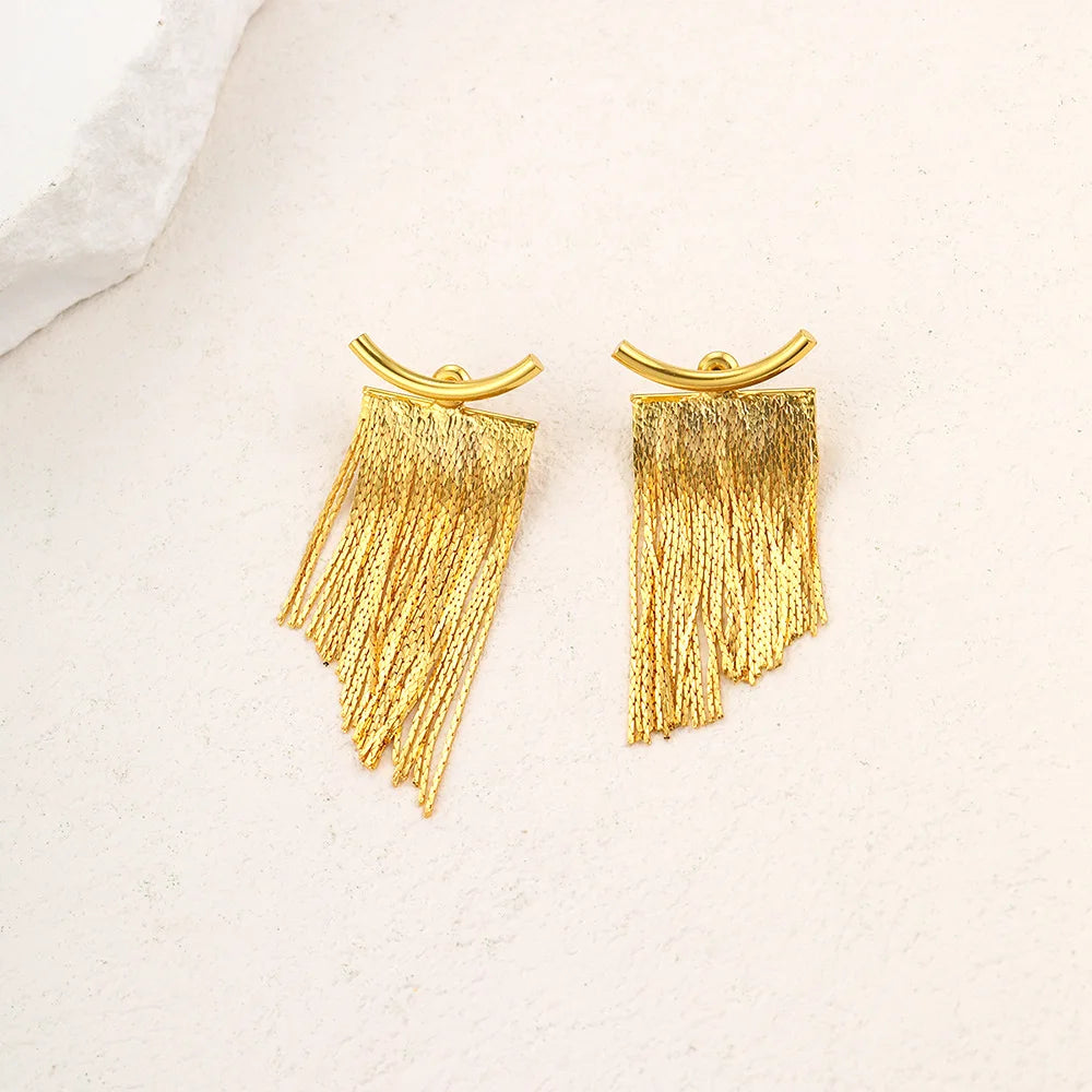 Gold Bling Tassel Statement Earrings – Elegant Long Drop Design for Women