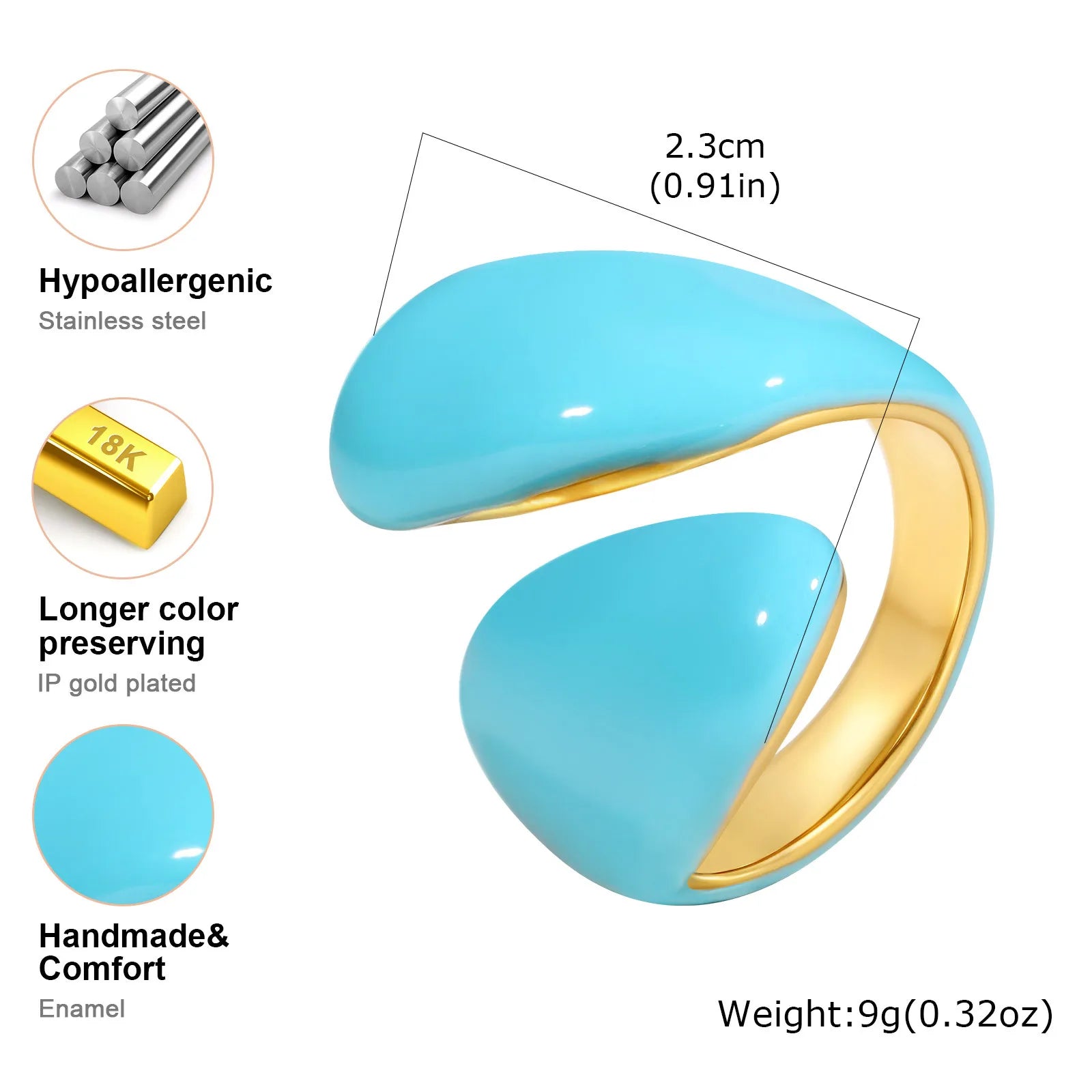 Chunky Enamel Twist Ring for Women – Gold Plated Stainless Steel Open Crossover Statement Ring, Waterproof Stackable Band (Blue/Green/Pink)
