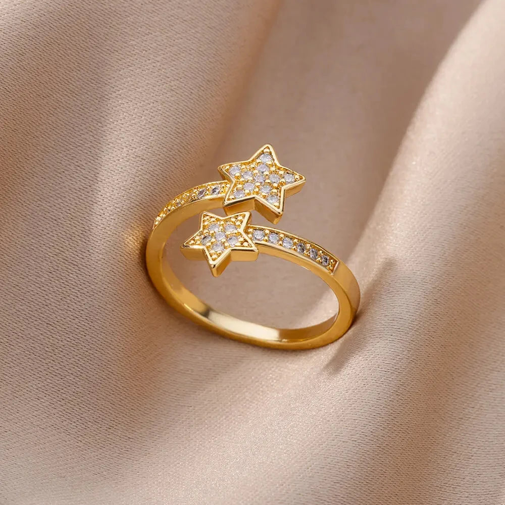 ELARIAH 18K Gold Plated Zircon Geometric Open Ring – Adjustable Stainless Steel Wedding & Party Band for Women