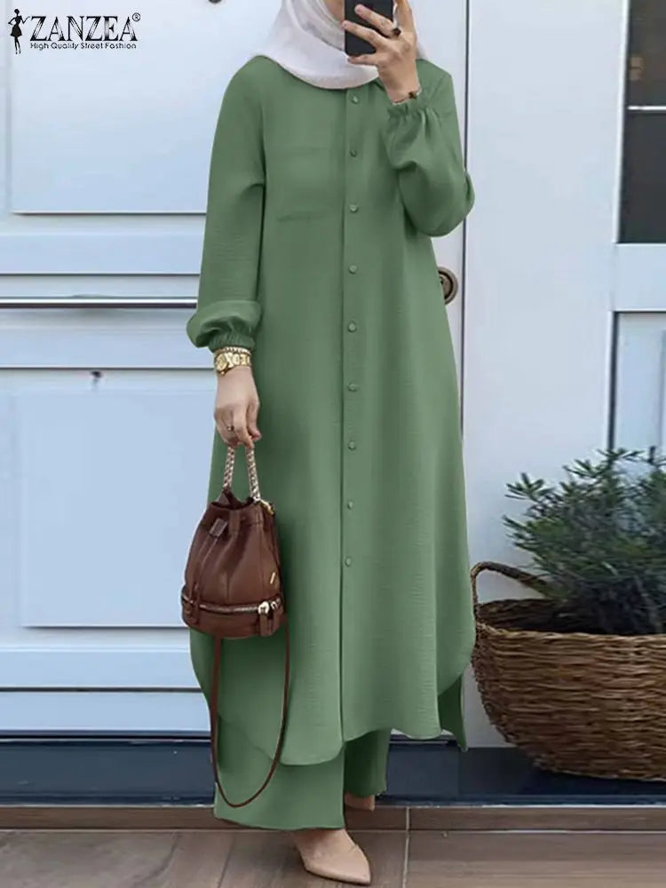 Elariah Modest Co-Ord Abaya Set – Long Sleeve Button Shirt & Wide-Leg Trousers | Casual Islamic Outfit for Women