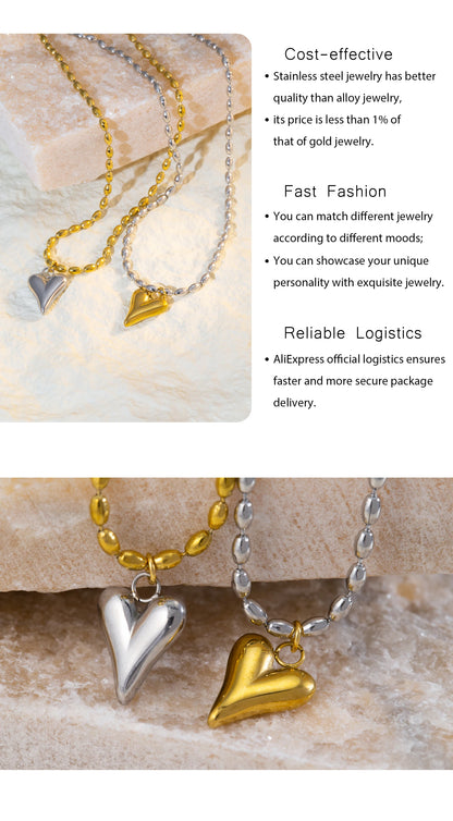 18K Gold Plated Heart Pendant Necklace – Stainless Steel Bead Chain, Dainty Romantic Jewelry for Women