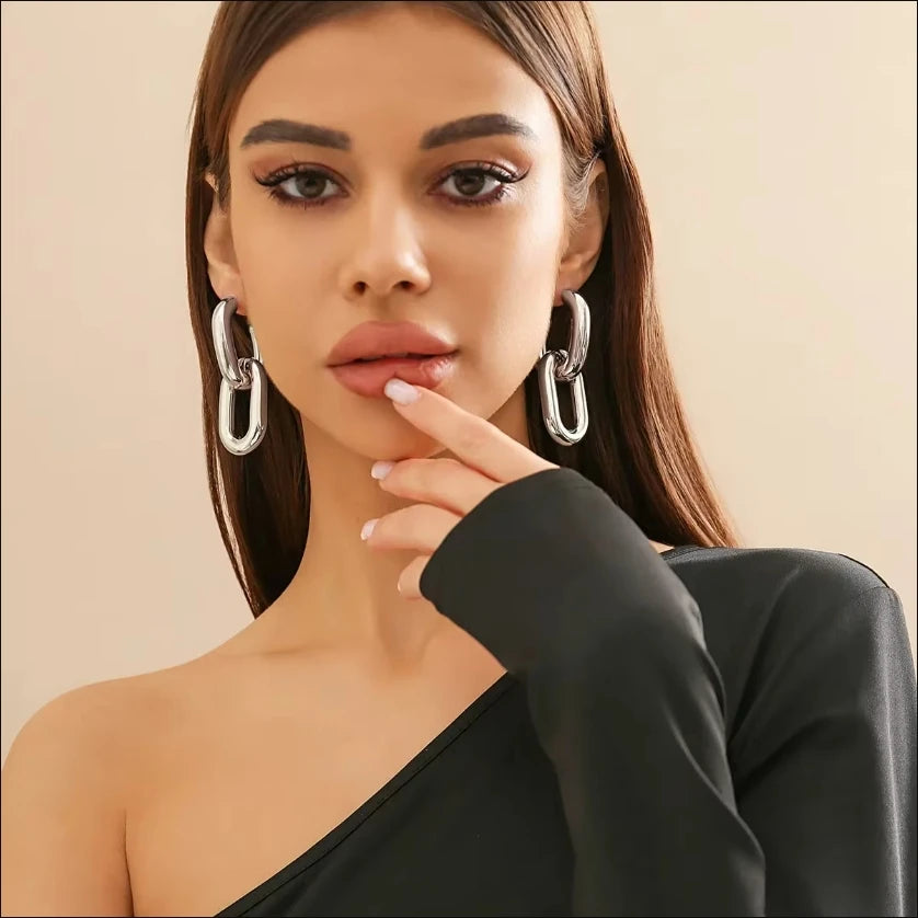 Retro Double Loop Hoop Earrings – Gold & Silver Geometric Drop Design