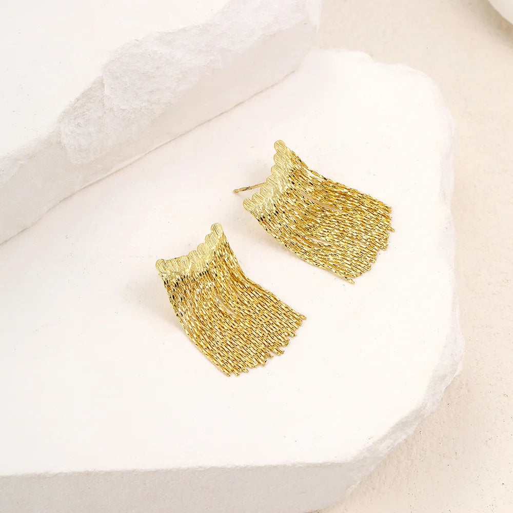 Gold Bling Tassel Statement Earrings – Elegant Long Drop Design for Women
