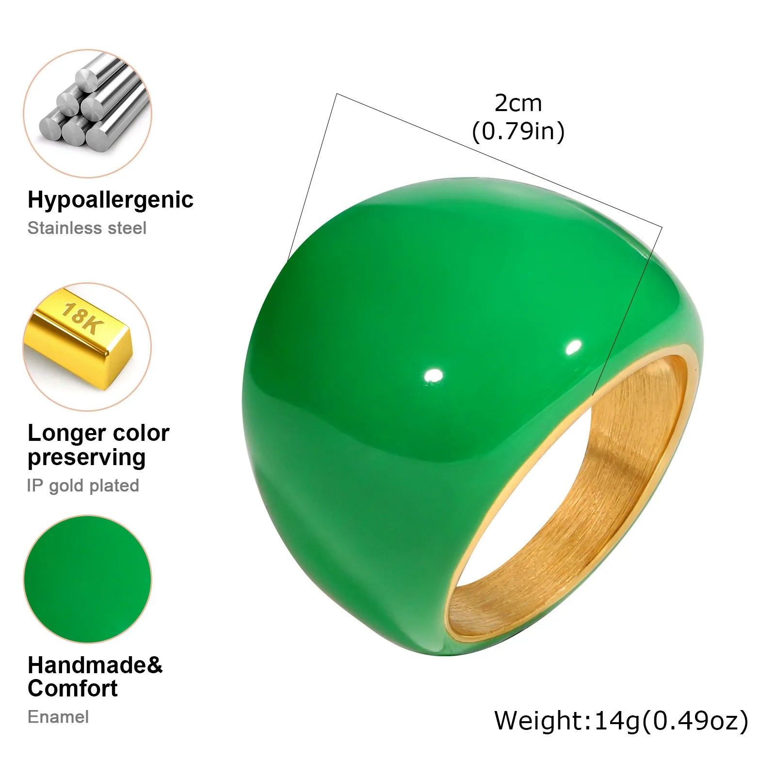 Chunky Enamel Twist Ring for Women – Gold Plated Stainless Steel Open Crossover Statement Ring, Waterproof Stackable Band (Blue/Green/Pink)
