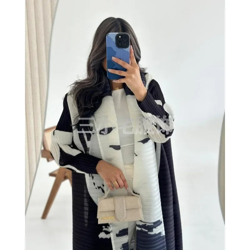 Elariah Retro Printed Pleated Abaya Coat – Belted Chiffon Maxi Modest Windbreaker Jacket for Women (One Size)