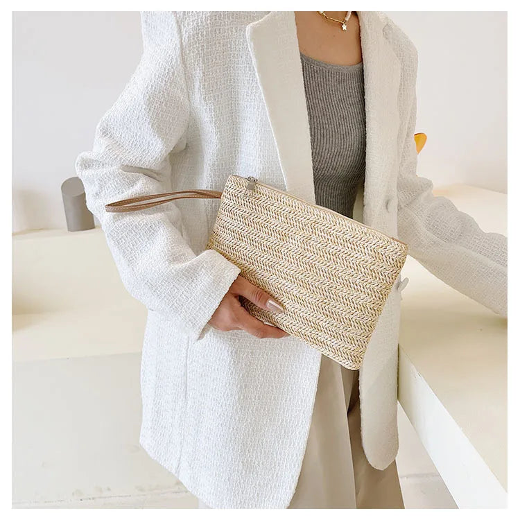 Elariah Woven Straw Wristlet Clutch Bag – Bohemian Summer Beach Handbag with Zipper (White, Khaki, Beige)