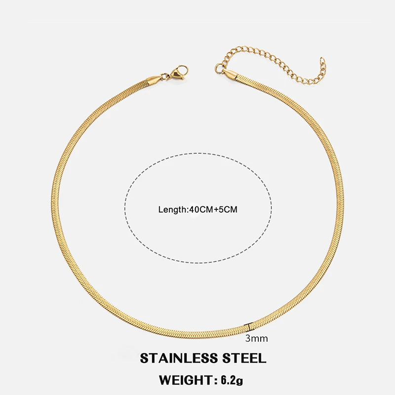 Classic Flat Snake Chain Choker Necklace – Stainless Steel Herringbone Design in Gold & Silver