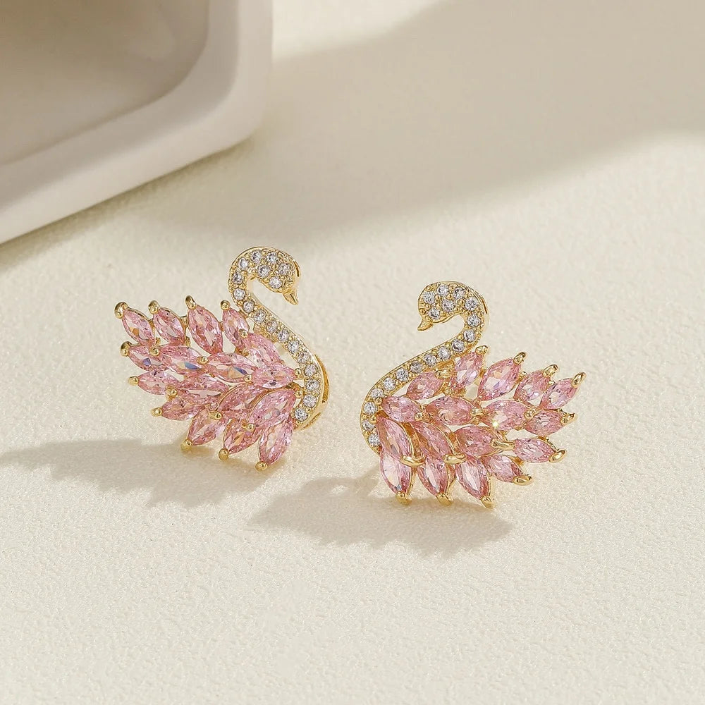 Swan Zircon Stud Earrings for Women – Gold Plated Copper Long Swan Earrings with Micro-Pavé Cubic Zirconia | Elegant Goddess Style Jewelry