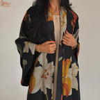Elariah Women's Floral Print Open Front Abaya with Matching Hijab Scarf – Modest Maxi Cardigan Kaftan, Black Polyester