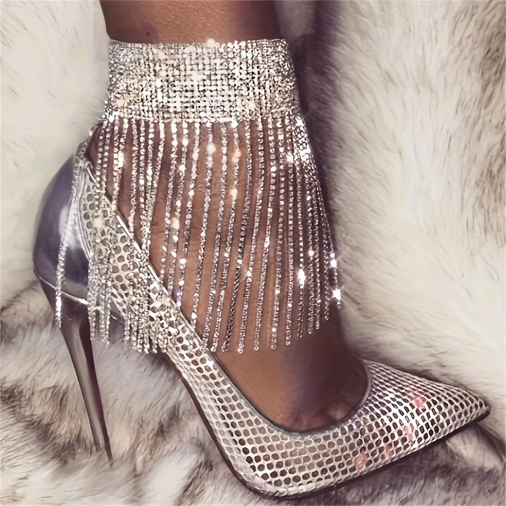 Rhinestone Tassel Anklet for Women – Sparkling Crystal Chain Anklet, Elegant Party & Bridal Foot Jewelry