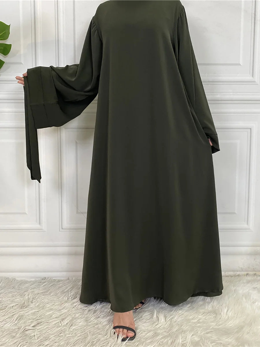Elegant Modest Maxi Dress with Waist Tie – Long Sleeve Woven Abaya Style Dress for Women (All Season)