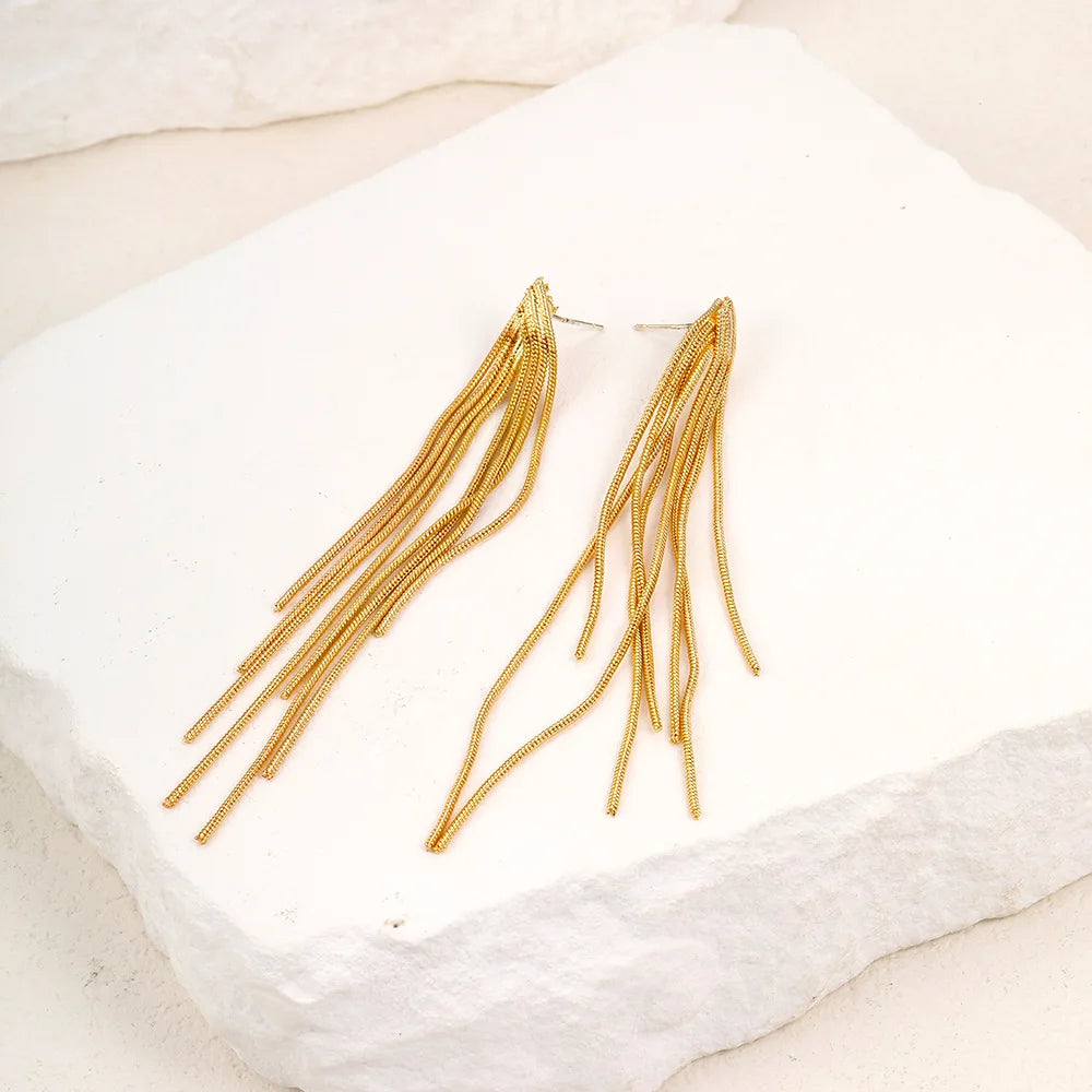 Gold Bling Tassel Statement Earrings – Elegant Long Drop Design for Women