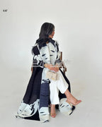 Elariah Retro Printed Pleated Abaya Coat – Belted Chiffon Maxi Modest Windbreaker Jacket for Women (One Size)