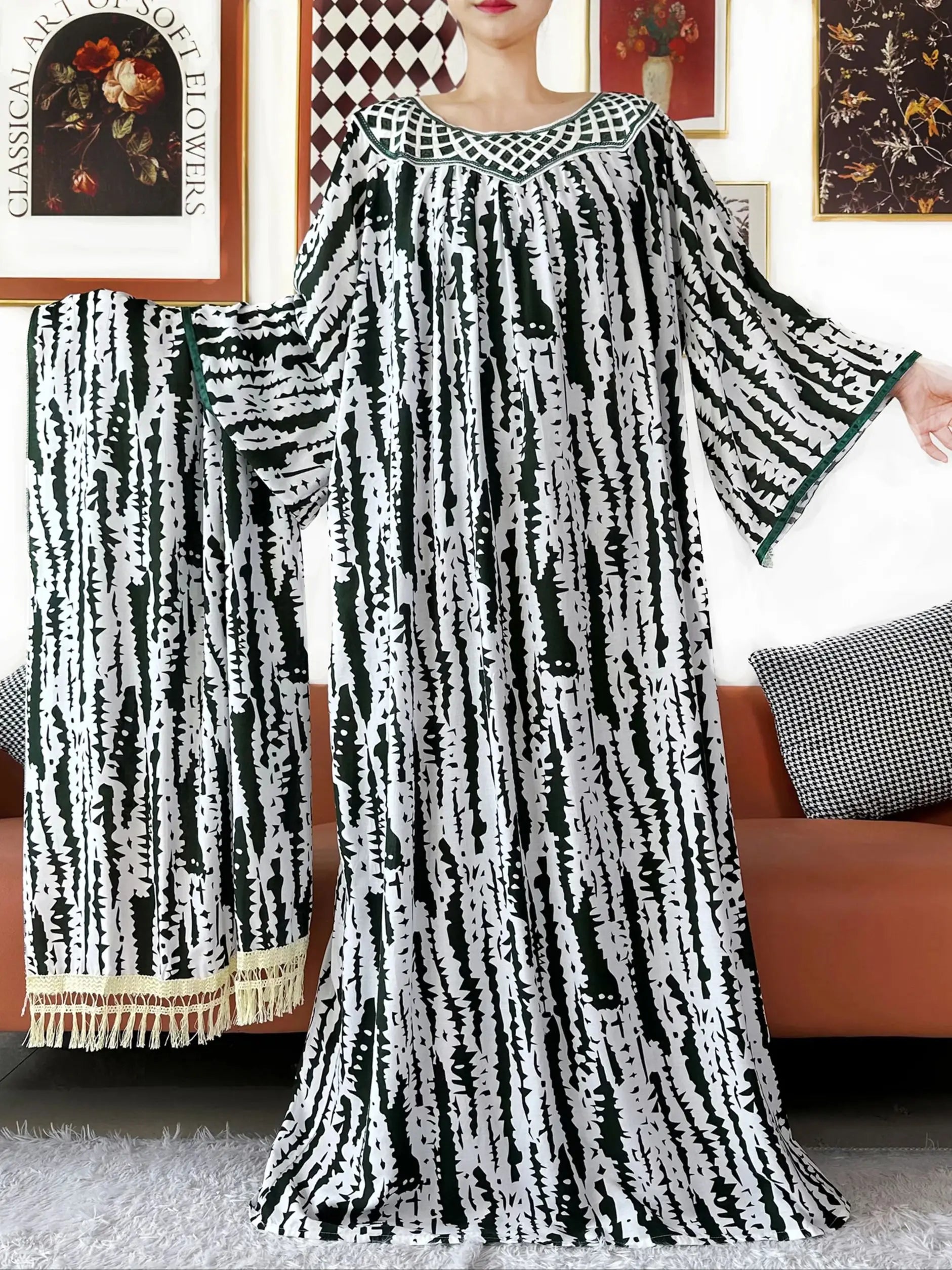 Embroidered Cotton Abaya Dress – Loose Boho Maxi Kaftan with Tassel Detail (One Size, 6 Colours)