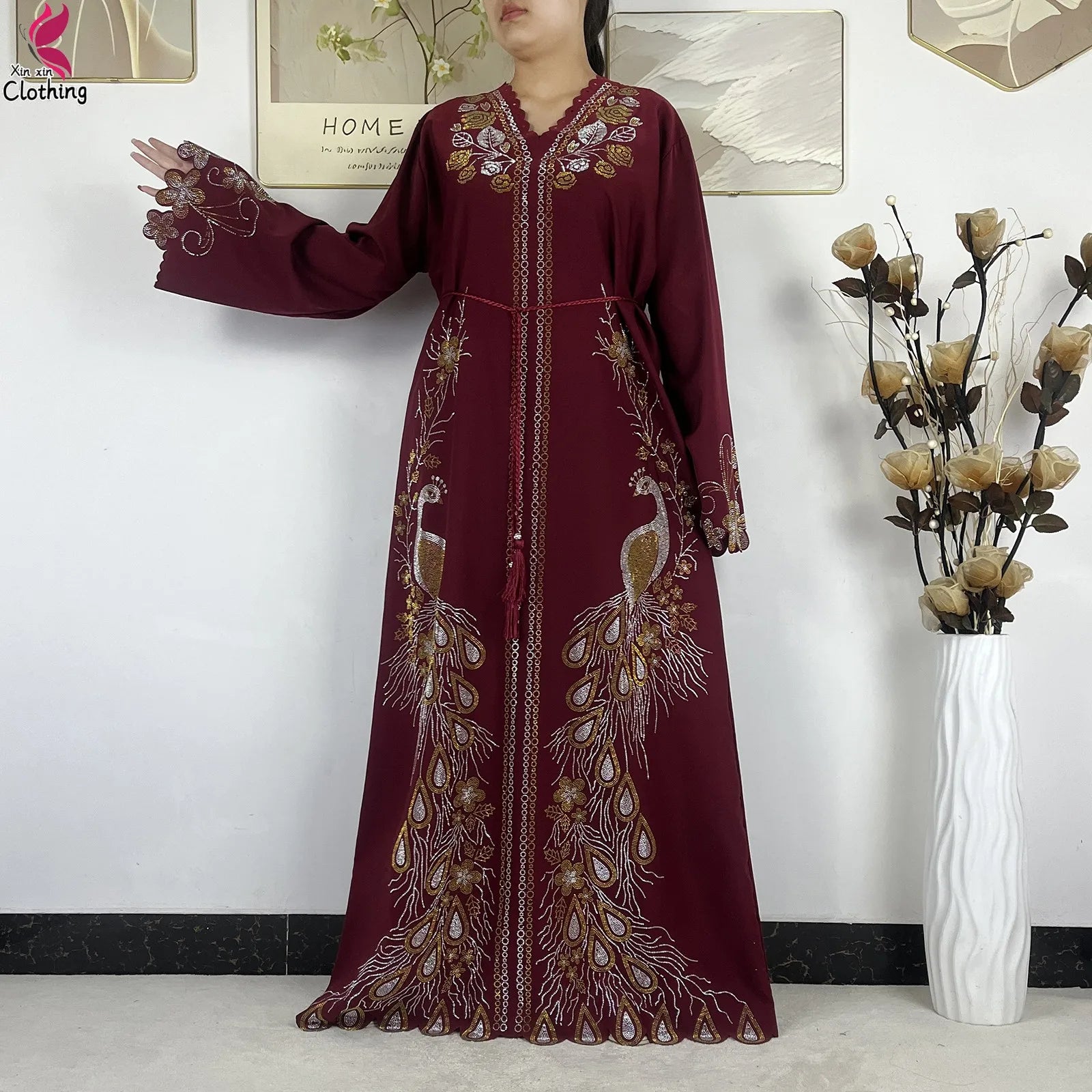 Elariah Diamond Chiffon Modest Abaya Dress – Elegant Long Sleeve Islamic Maxi Robe